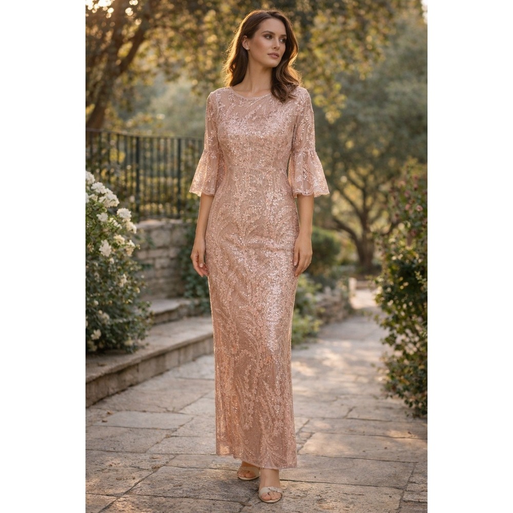 Adrianna Papell Sequin Lace Gown Blush Pink 3/4 Sleeve‎ Formal Dress 4